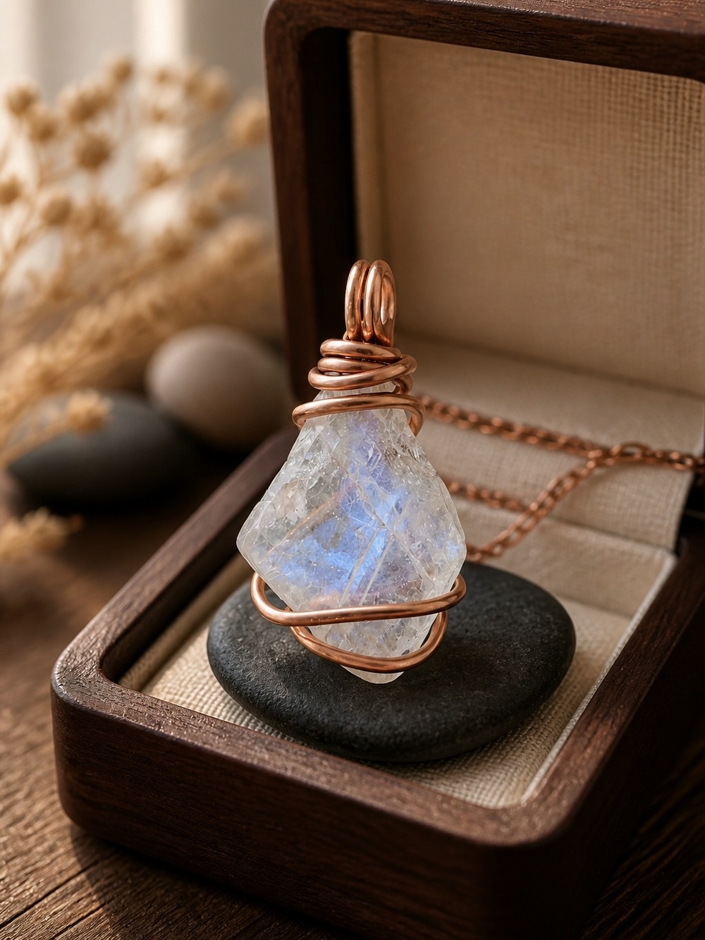 Handcrafted Selenite Copper Wire-Wrap Pendant Necklace